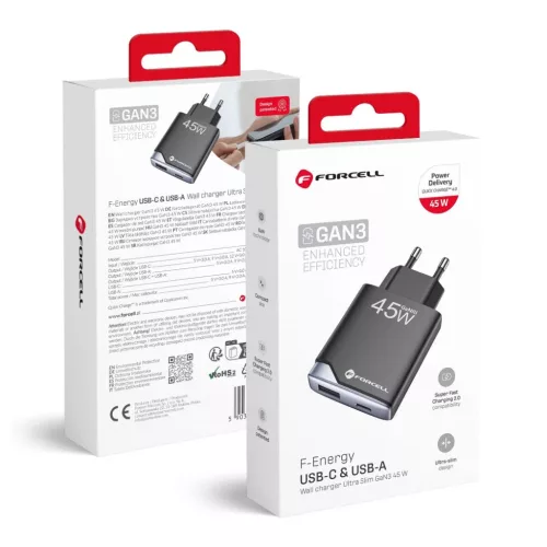 Forcell F-Energy Ultra Slim GaN III USB C + USB A PD QC4.0 3A 45W B245202(1A1C) fekete telefontöltő