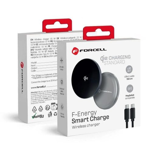 Forcell F-Energy Smart Charge USB C Qi2 15W MagSafe kompatibilis induktív töltő leválasztható 1,5 m-es kábellel, ezüst színű
