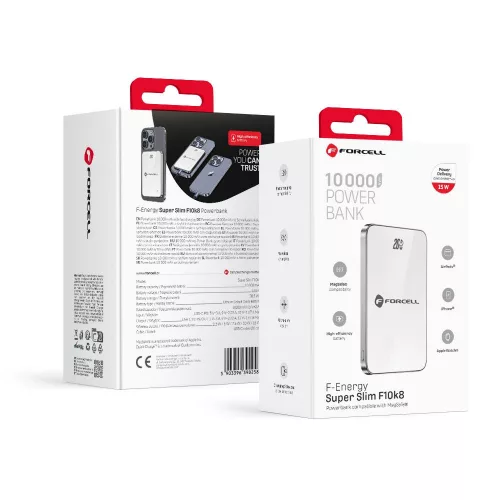 Forcell F-Energy MagSafe kompatibilis külső akkumulátor SuperSlim F10K8 QC4.0 PD3.0 15W 10000 mAh fehér