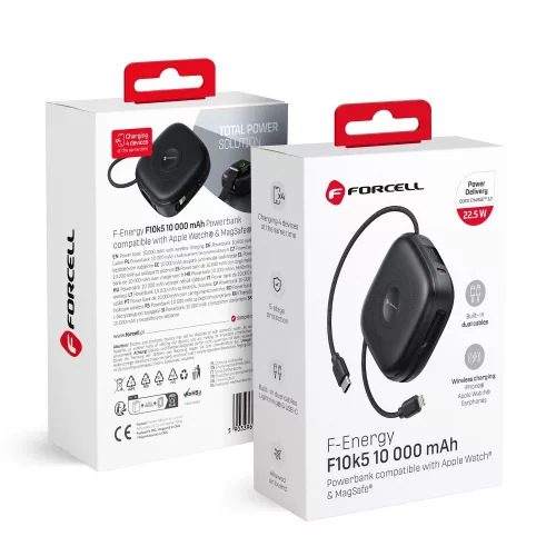 Forcell F-Energy MagSafe kompatibilis külső akkumulátor F10K5 PD3.1 QC3.0 3A 22.5W 10000 mAh Apple Watch kompatibilis, fekete