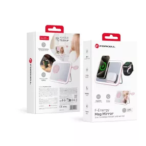   Forcell F-ENERGY Mag Mirror 3 az 1-ben 15 W-os vezeték nélküli töltő, MagSafe / Apple Watch / Samsung Watch / Airpods okosórákkal kompatibilis, rózsaszín