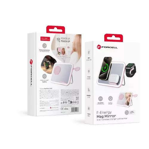 Forcell F-ENERGY Mag Mirror 3 az 1-ben 15 W-os vezeték nélküli töltő, MagSafe / Apple Watch / Samsung Watch / Airpods okosórákkal kompatibilis, rózsaszín