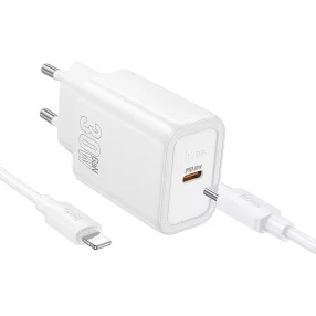   Hoco USB-C QC PD 30W-os fali telefontöltő + USB-C - Lightning kábel N62 fehér