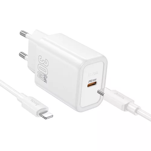 Hoco USB-C QC PD 30W-os fali telefontöltő + USB-C - Lightning kábel N62 fehér
