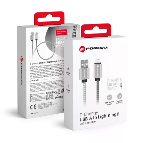 USB A - Lightning kábel Forcell F-Energy 2.4A 12W Fém 2 m C236 ezüst