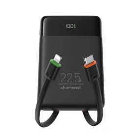   Charmast W1202 PD3.0 3A 22.5W 10000 mAh külső akkumulátor beépített USB C / Lightning kábellel, fekete