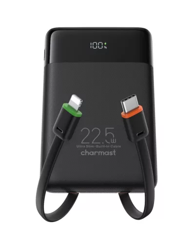 Charmast W1202 PD3.0 3A 22.5W 10000 mAh külső akkumulátor beépített USB C / Lightning kábellel, fekete