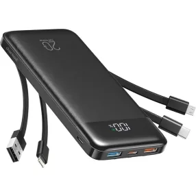   Charmast W1148 külső akkumulátor 5V 3A 10000 mAh beépített USB A / USB C / Lightning / Micro USB kábellel, fekete