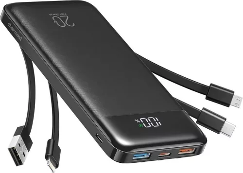 Charmast W1148 külső akkumulátor 5V 3A 10000 mAh beépített USB A / USB C / Lightning / Micro USB kábellel, fekete