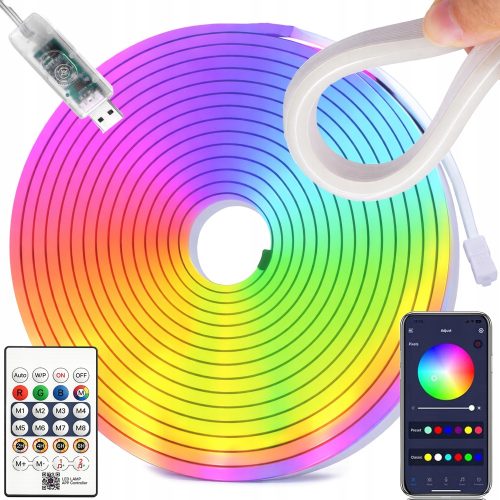 5 méteres RGB neon LED szalag Bluetooth-szal, applikációvezérléssel és távirányítóval – vízálló és rugalmas