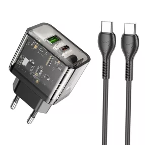   Hoco USB A + USB C QC3.0 PD 3A 20W-os fali telefontöltő + USB C - USB C kábel N34 átlátszó