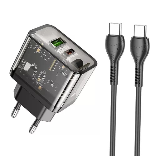 Hoco USB A + USB C QC3.0 PD 3A 20W-os fali telefontöltő + USB C - USB C kábel N34 átlátszó