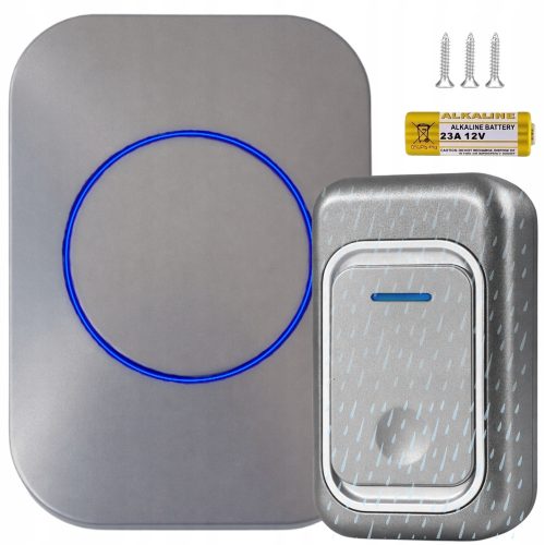 Vezeték nélküli ajtó- és kapucsengő – 300 m hatótávolságú, LED-es, elemes, vízálló Szürke