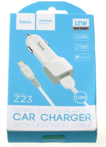Hoco Z23 szivargyújtós autós töltő 2 USB szett Lightning kábellel fehér